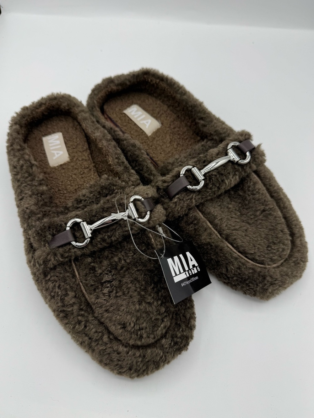 MIA Harmonie Mules Women 9 Brown NEW Faux Fur Cozycore Fall Luxe Old Money